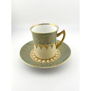 Elizabethan Bone China Teal/Gold Lace Tea Cup and Saucer England 1950s